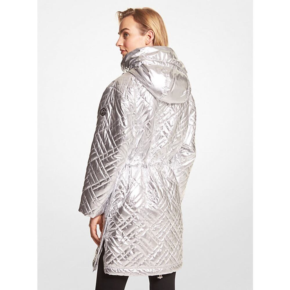 Michael Kors Silver Metallic Quilted Hooded Coat Jacket Small NWT Ciré Puffer - Picture 2 of 15
